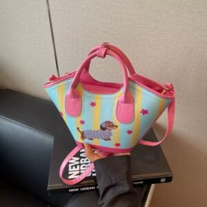 Colorful hand-held bucket bag with puppy pattern - Pink